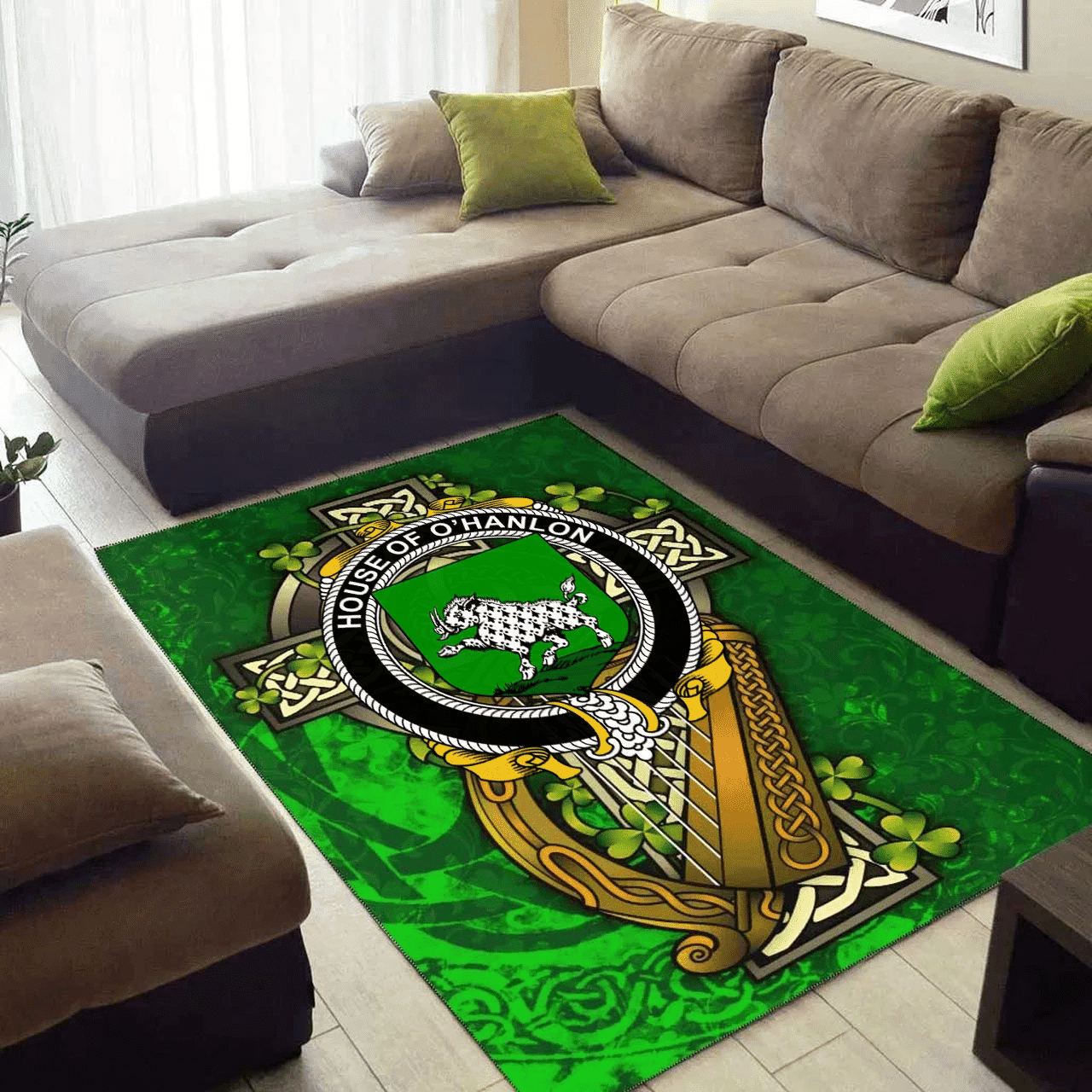ScotsTee Shop Irish House of O'HANLON Coat of Arms with Shamrock Irish Rug