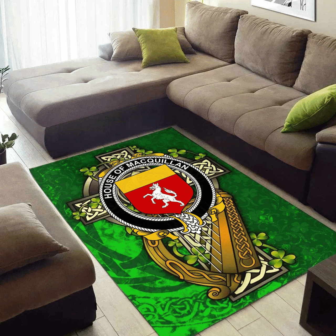 ScotsTee Shop Irish House of MACQUILLAN Coat of Arms with Shamrock Irish Rug