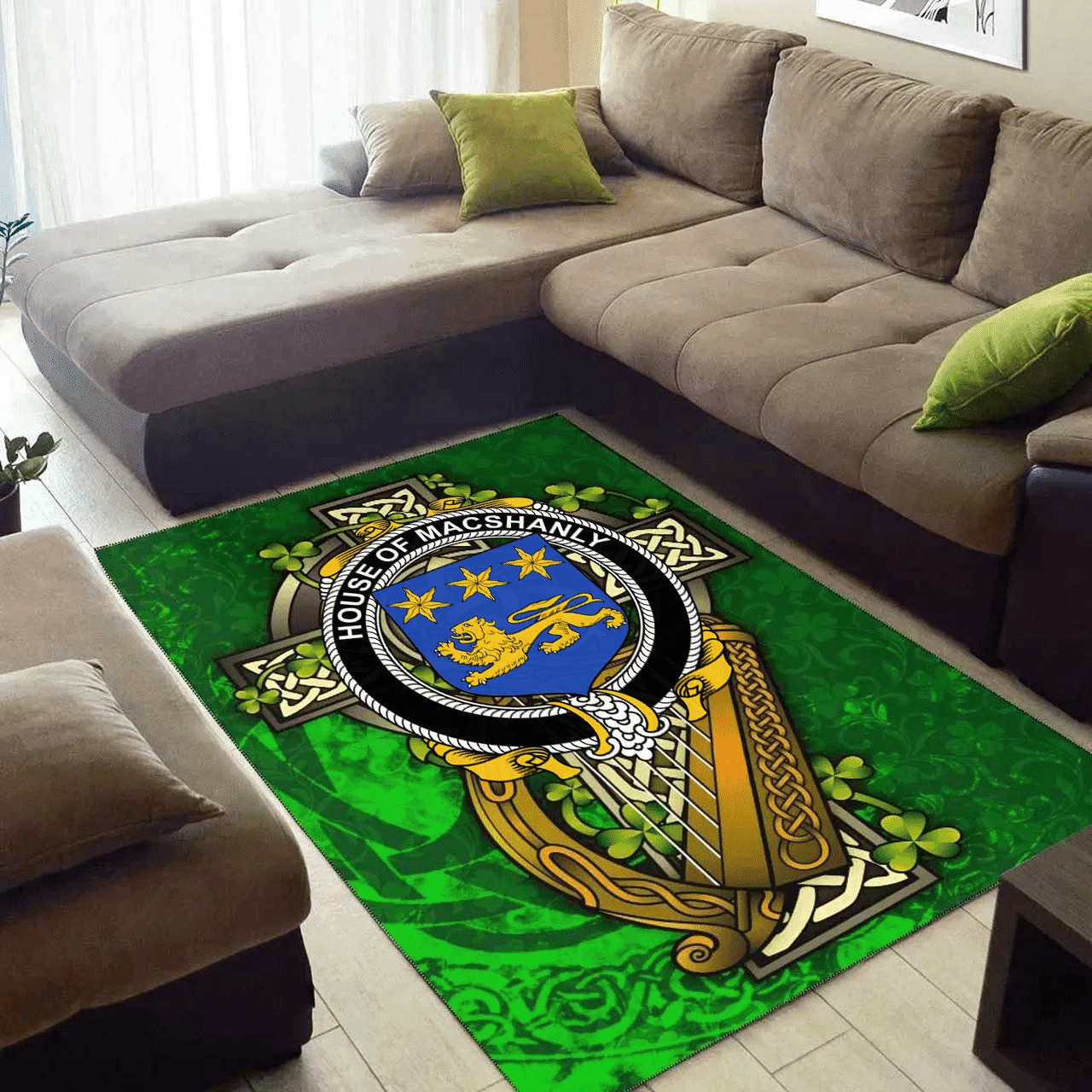 ScotsTee Shop Irish House of MACSHANLY Coat of Arms with Shamrock Irish Rug
