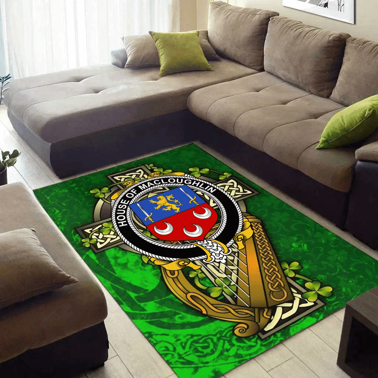 ScotsTee Shop Irish House of MACLOUGHLIN (Tirconnell) Coat of Arms with Shamrock Irish Rug