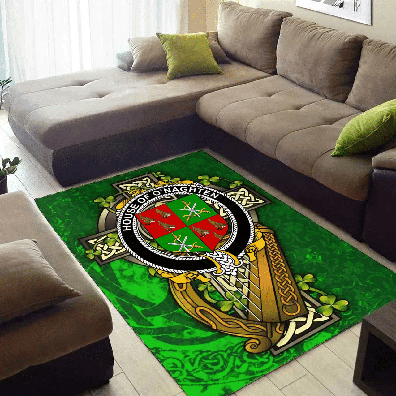 ScotsTee Shop Irish House of O'NAGHTEN Coat of Arms with Shamrock Irish Rug