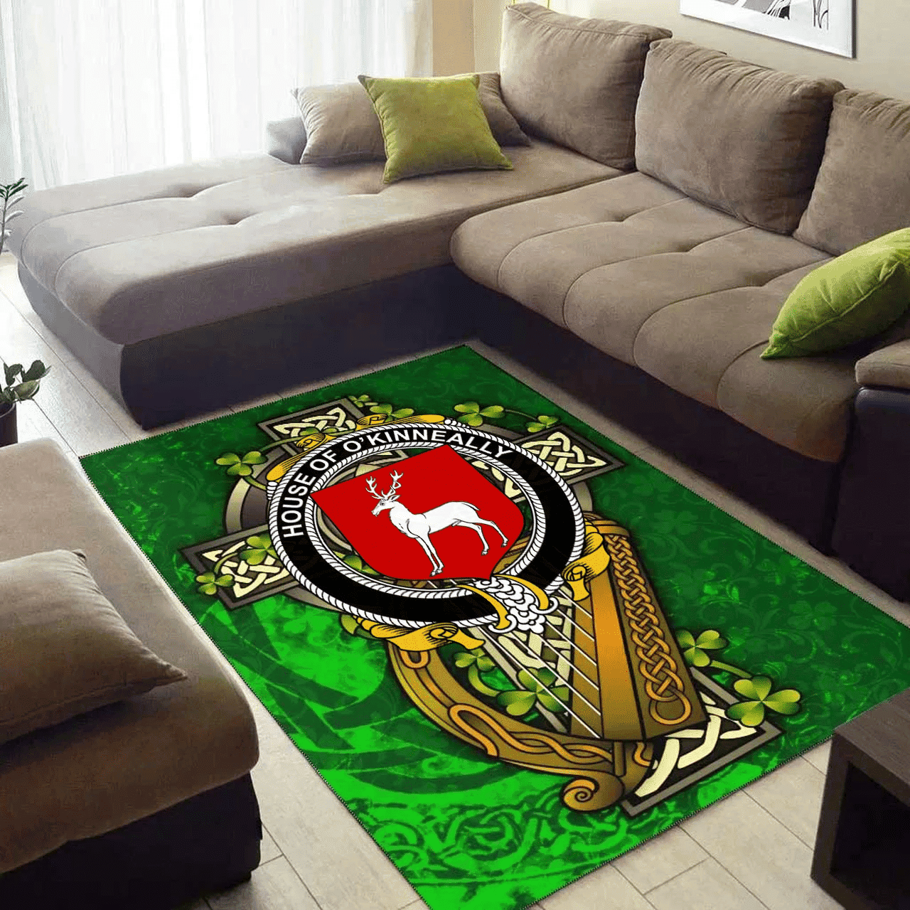 ScotsTee Shop Irish House of O'KINNEALLY Coat of Arms with Shamrock Irish Rug