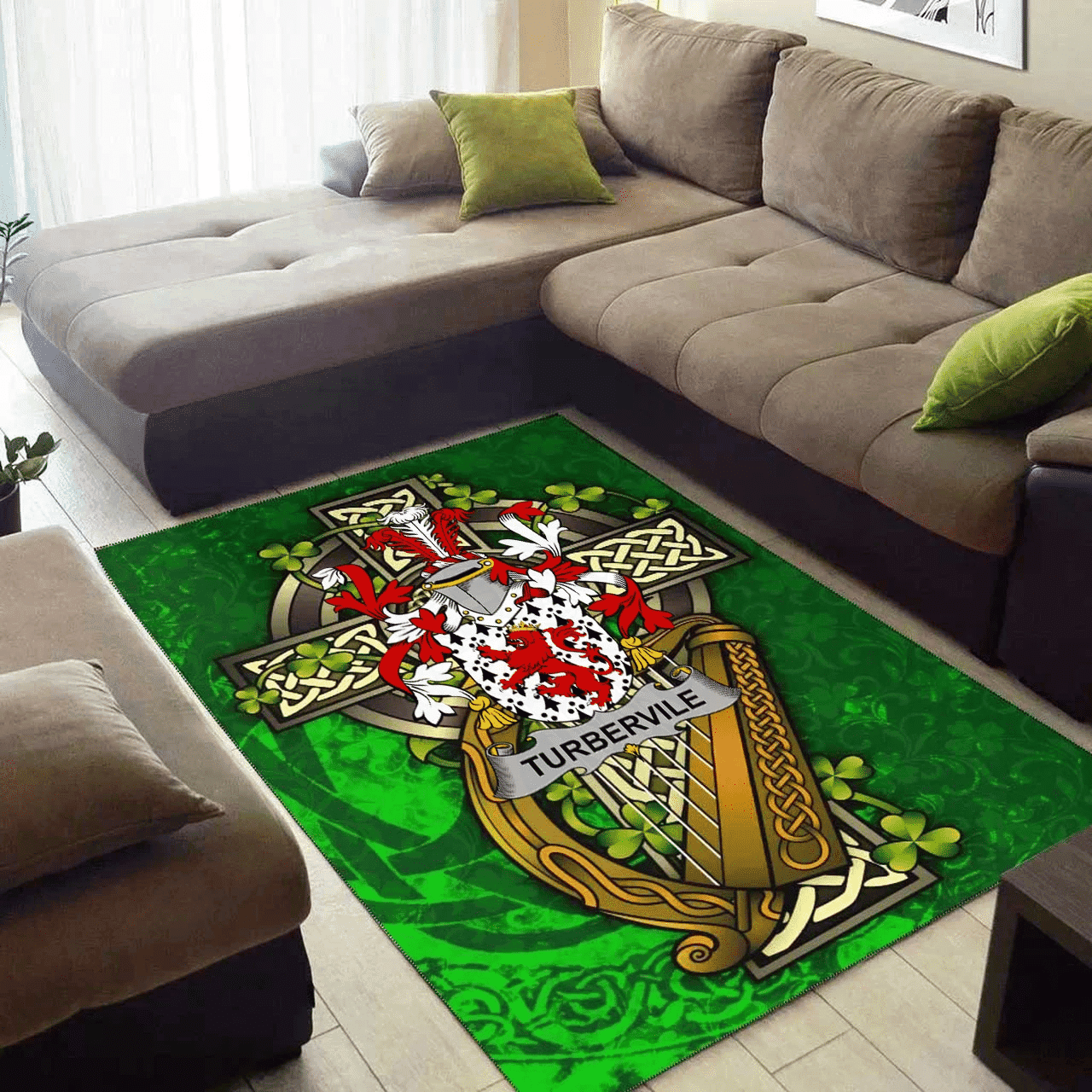 ScotsTee Shop Irish Tubervile or Tuberville Coat of Arms with Shamrock Irish Rug