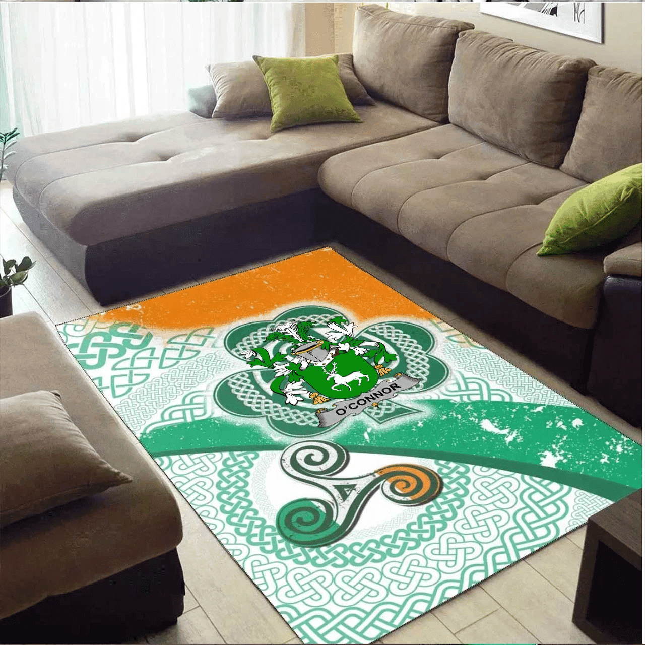 ScotsTee Shop Irish Connor or O'Connor (Corcomroe) Coat of Arms Irish Rug Ireland Shamrock With Patterns