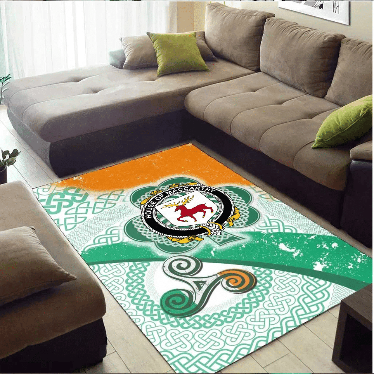 ScotsTee Shop Irish House of MACCARTHY Coat of Arms Irish Rug Ireland Shamrock With Patterns