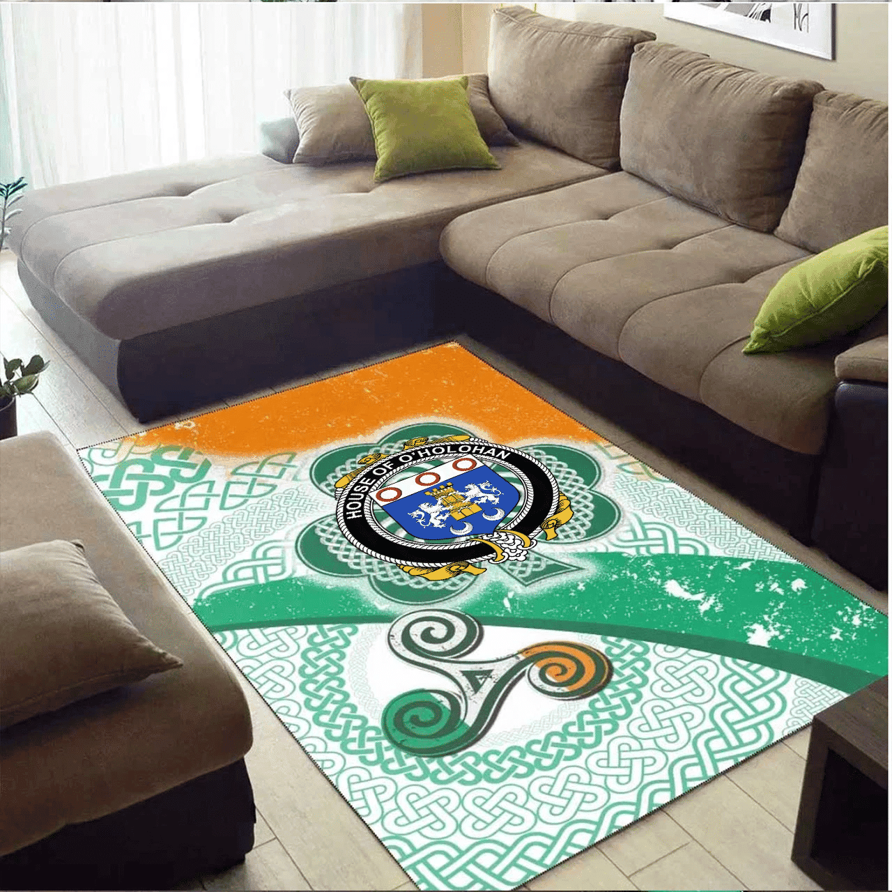 ScotsTee Shop Irish House of O'HOLOHAN Coat of Arms Irish Rug Ireland Shamrock With Patterns