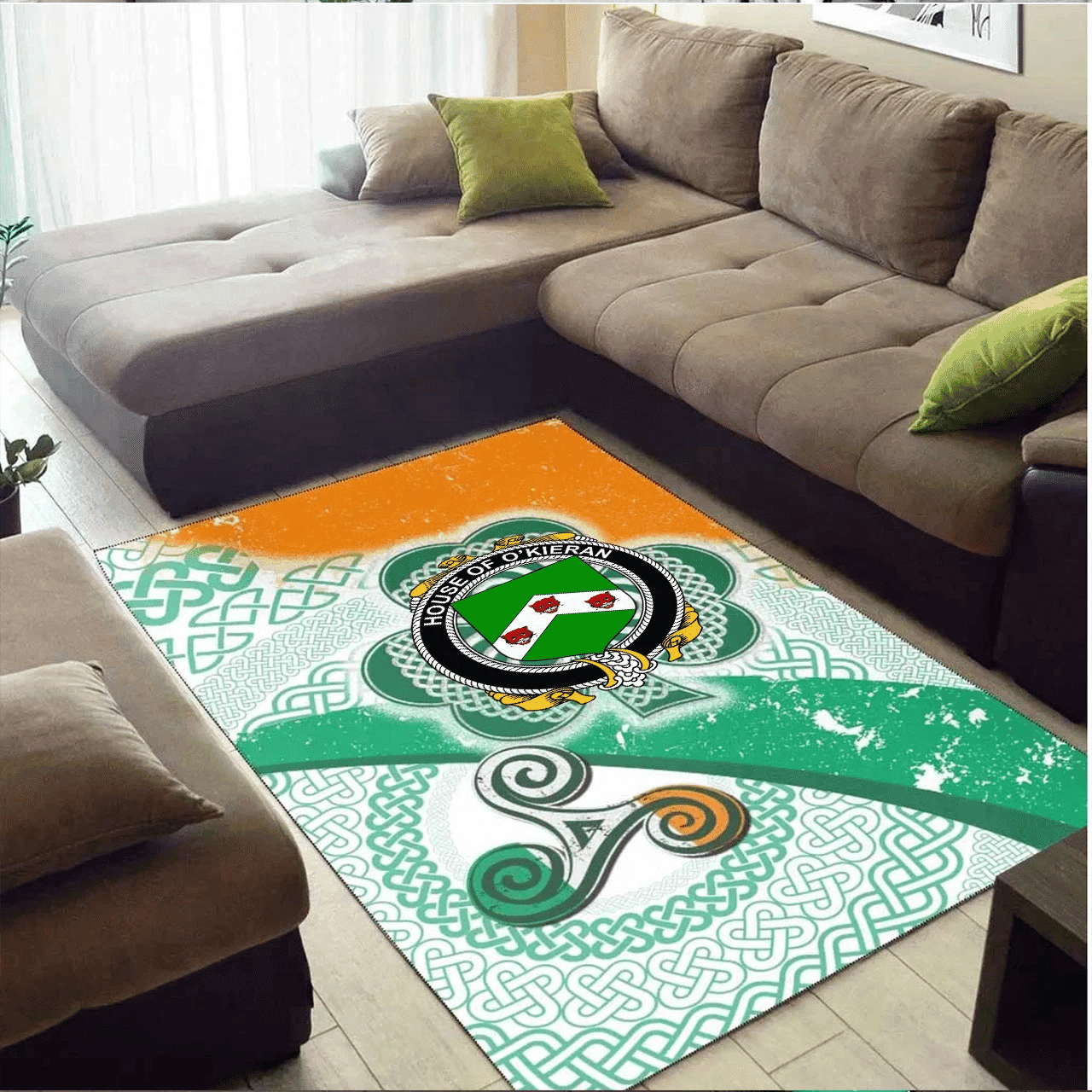 ScotsTee Shop Irish House of O'KIERAN Coat of Arms Irish Rug Ireland Shamrock With Patterns
