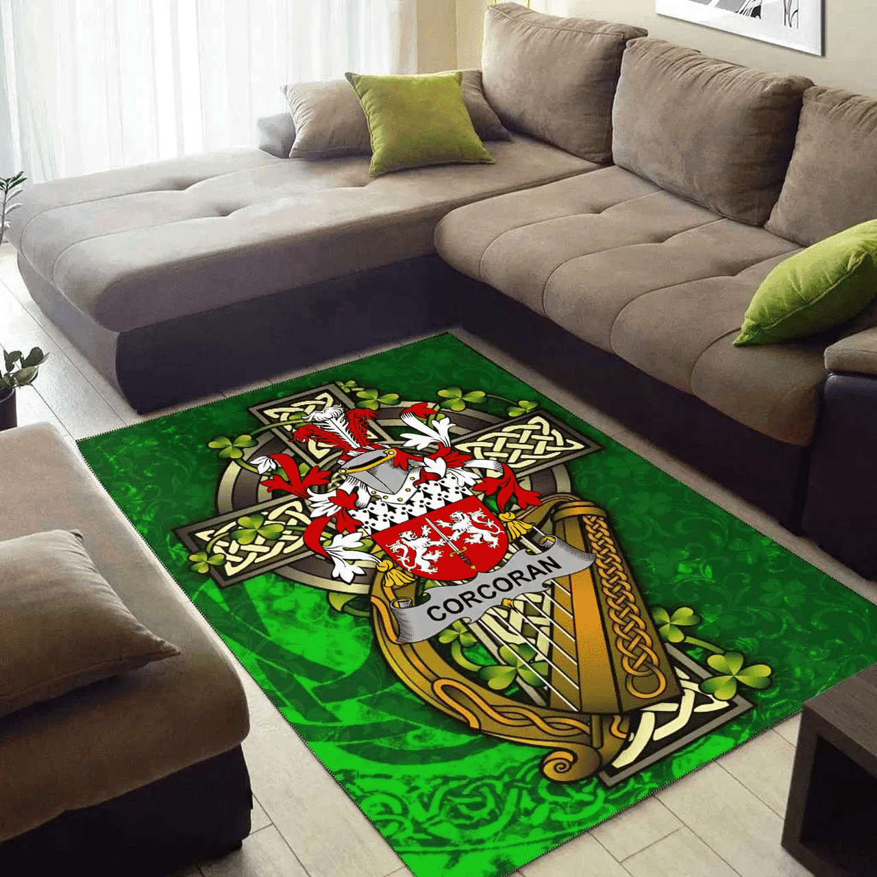 ScotsTee Shop Irish Corcoran or McCorcoran Coat of Arms with Shamrock Irish Rug