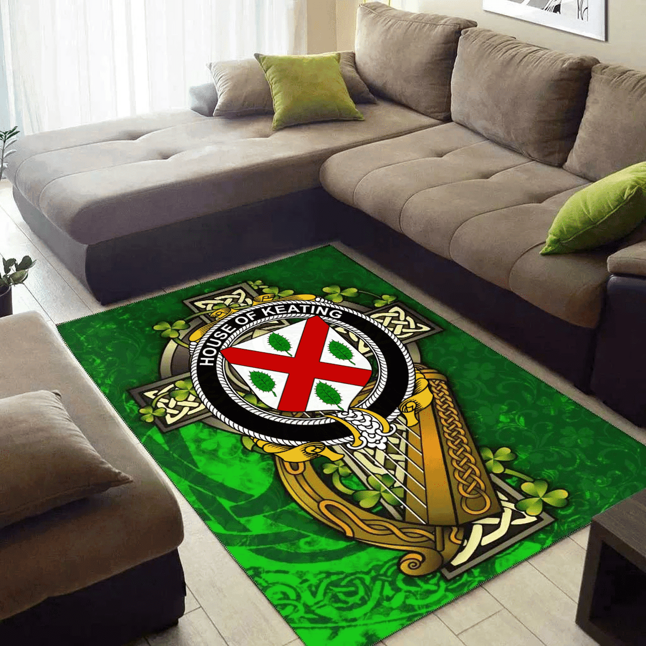 ScotsTee Shop Irish House of KEATING Coat of Arms with Shamrock Irish Rug