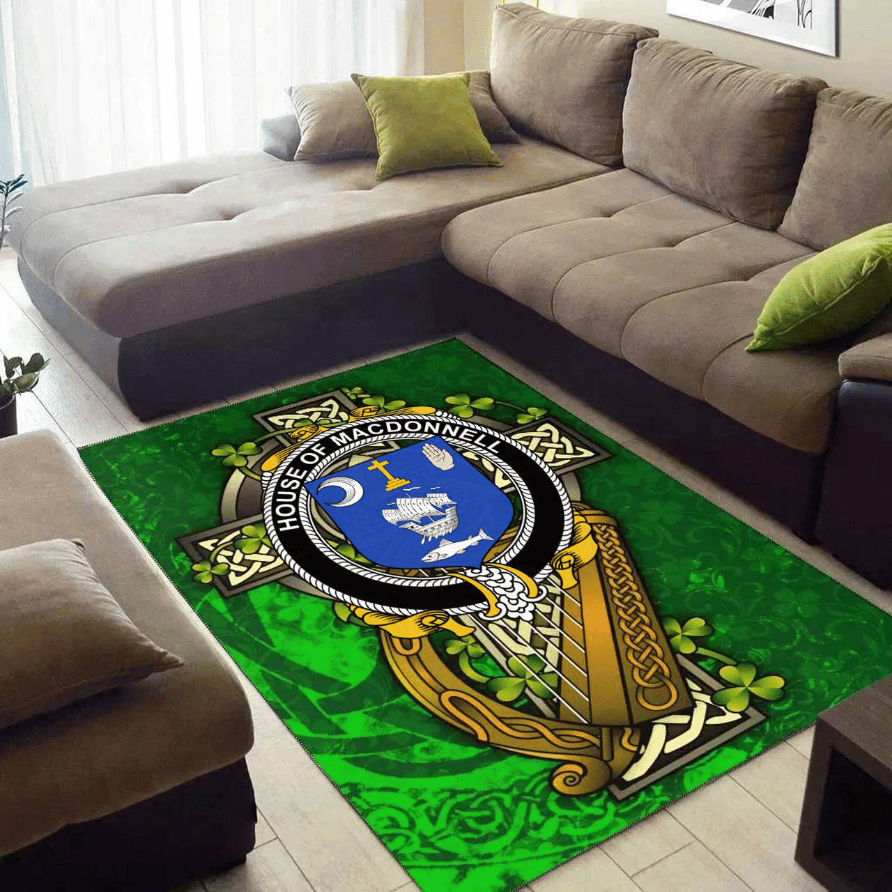 ScotsTee Shop Irish House of MACDONNELL (Clare and Connacht) Coat of Arms with Shamrock Irish Rug