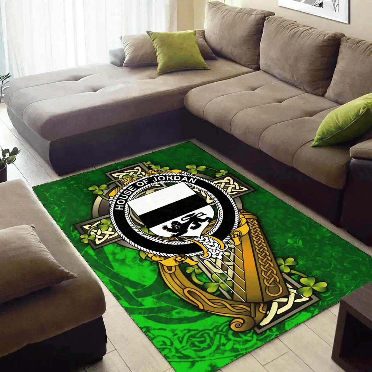 ScotsTee Shop Irish House of JORDAN Coat of Arms with Shamrock Irish Rug