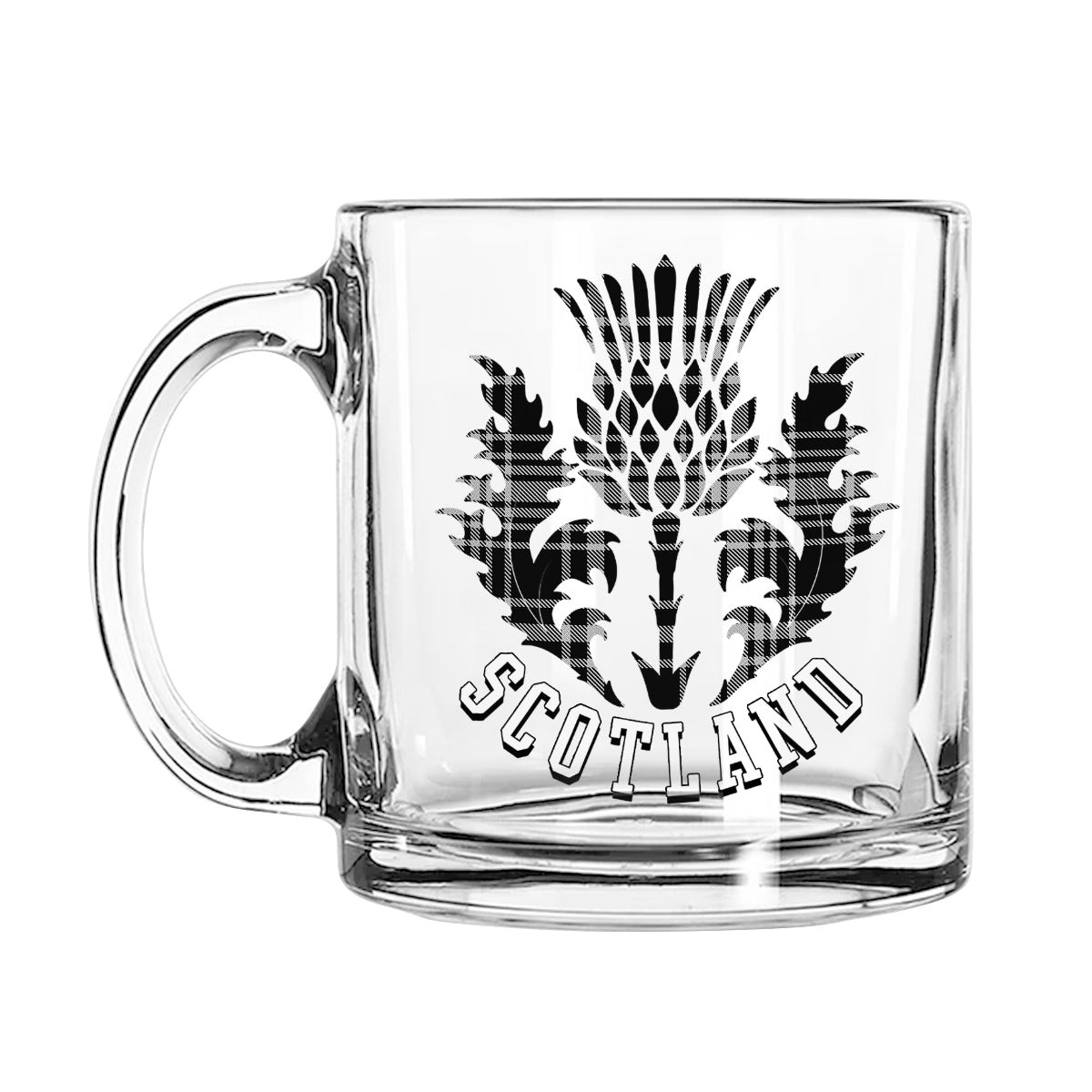 ScotsTee Shop Scottish MacLean Black and White Scotland Thislte Tartan Glass Mug