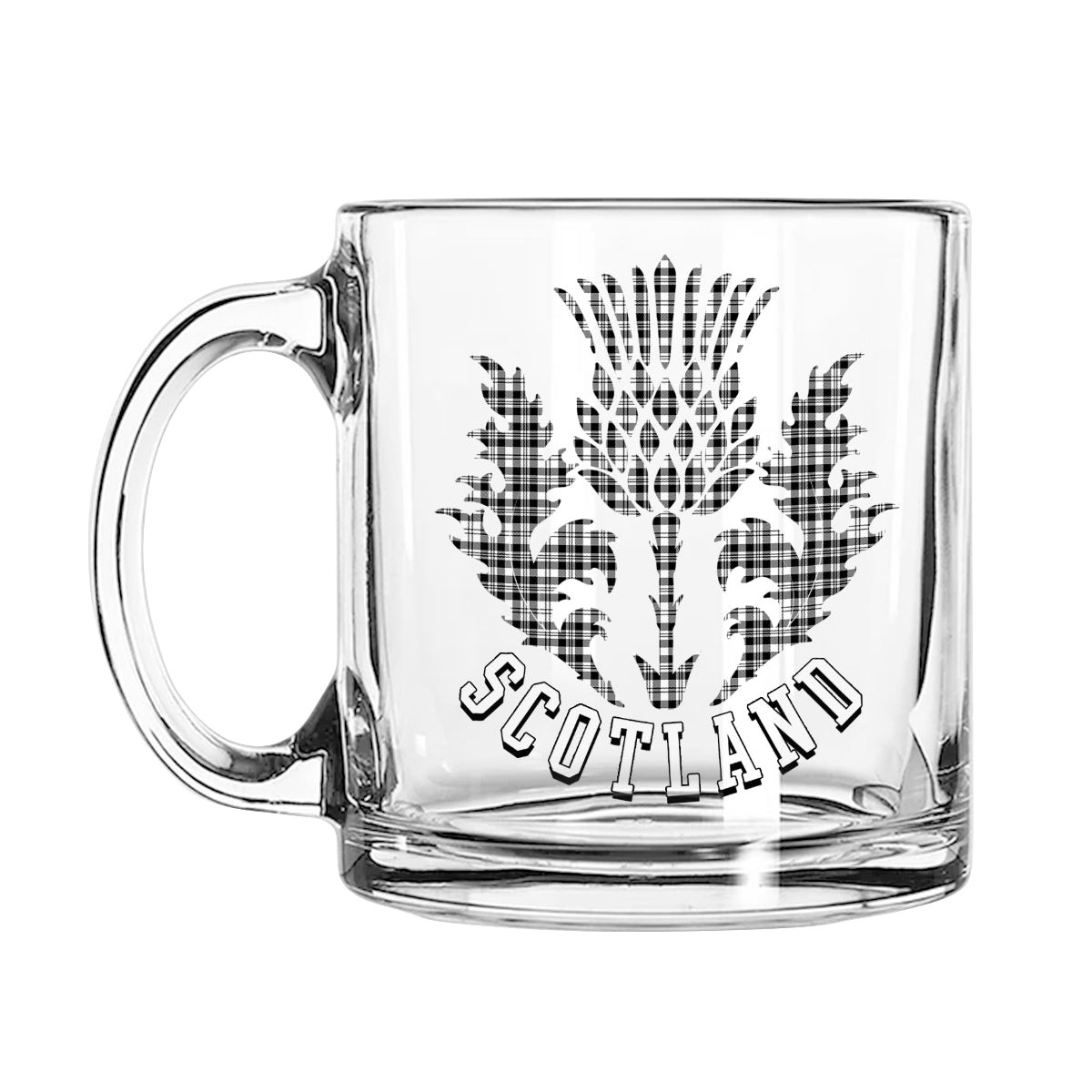 ScotsTee Shop Scottish Scott Black and White Modern Scotland Thislte Tartan Glass Mug