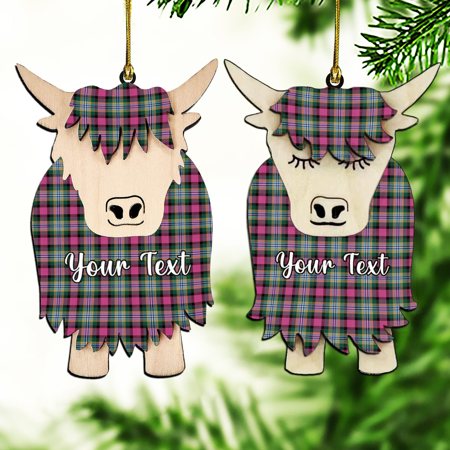 ScotsTee Shop Scottish Dundee Pink Variation Modern Clan Couple Tartan Highland Cow Ornament Acrylic