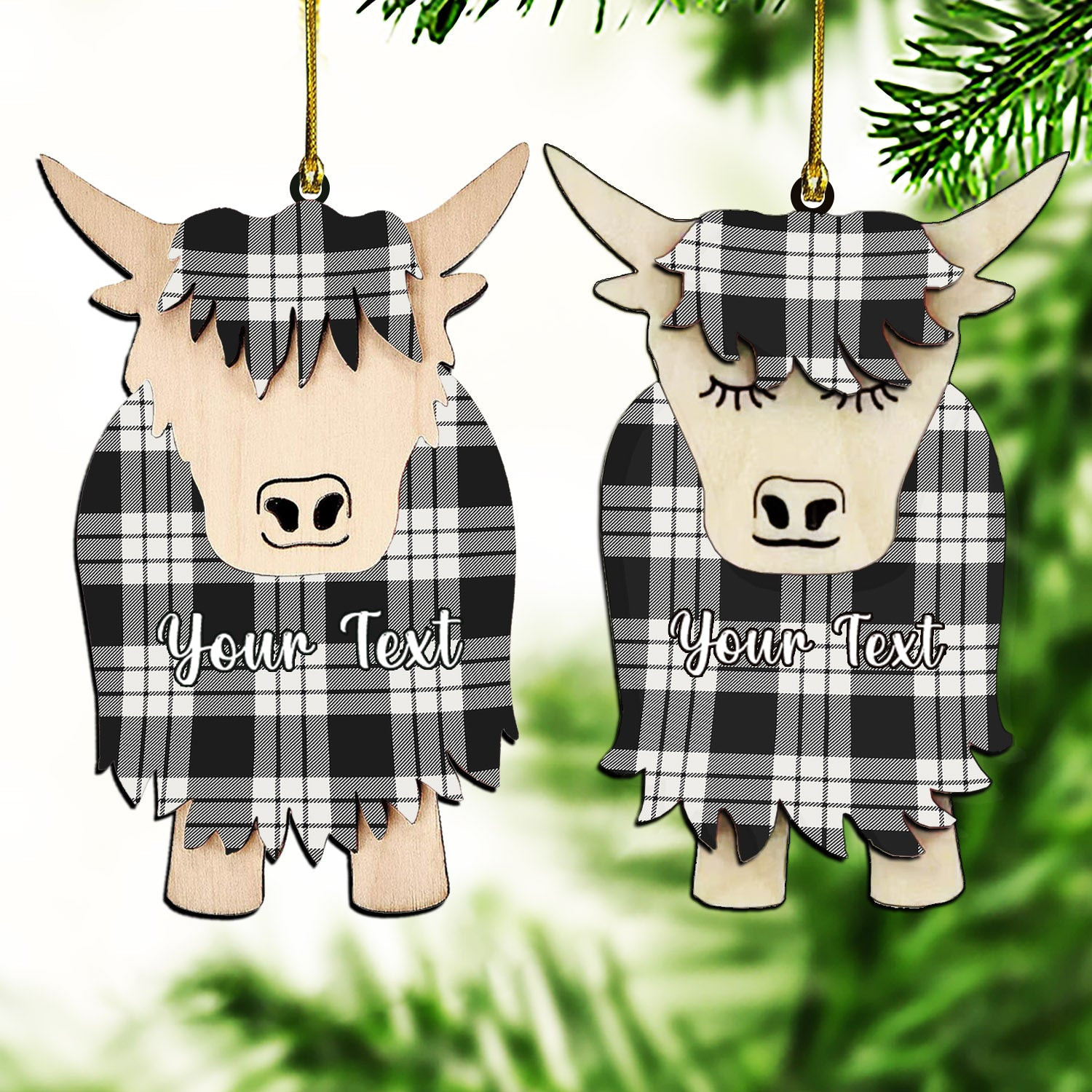 ScotsTee Shop Scottish McFarland Black White Couple Tartan Highland Cow Ornament Acrylic