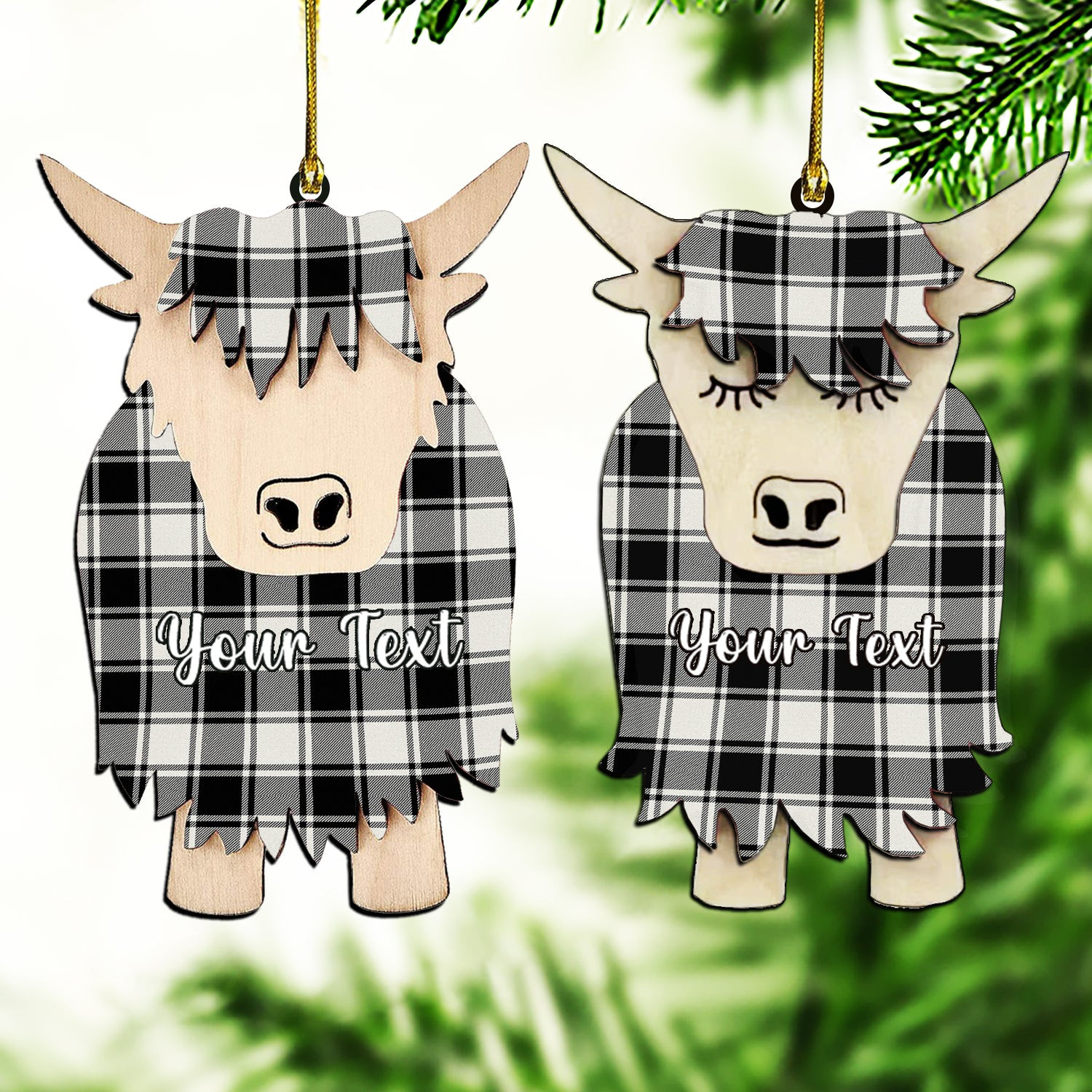 ScotsTee Shop Scottish MacFie Black & White Modern Couple Tartan Highland Cow Ornament Acrylic