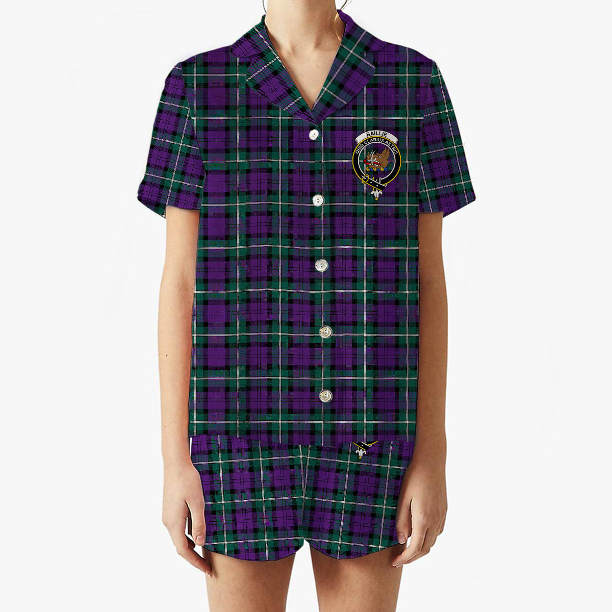ScotsTee Shop Scottish Baillie Highland Society Modern Crest Women's Short Sleeve Short Set Tartan Pyjama Set