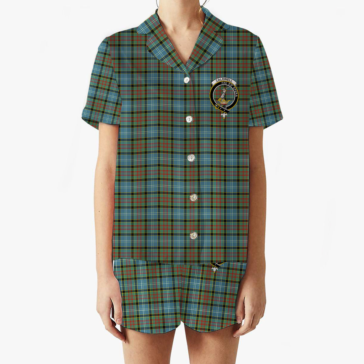 ScotsTee Shop Scottish Caldwell Crest Women's Short Sleeve Short Set Tartan Pyjama Set