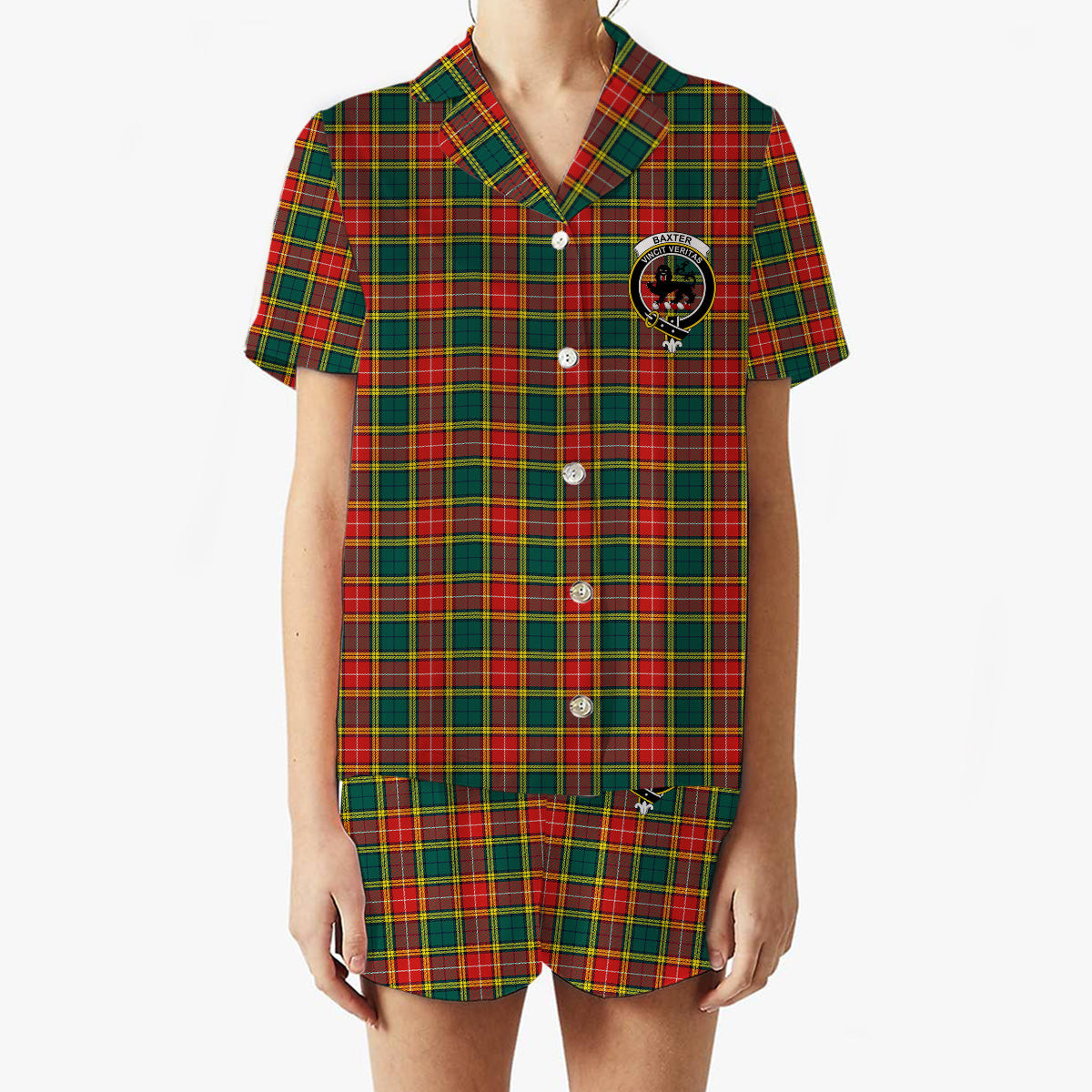 ScotsTee Shop Scottish Baxter of Balgavies Modern Crest Women's Short Sleeve Short Set Tartan Pyjama Set