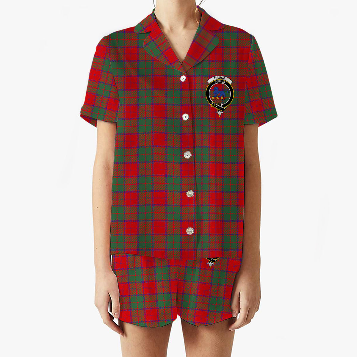ScotsTee Shop Scottish Bruce New Modern Crest Women's Short Sleeve Short Set Tartan Pyjama Set