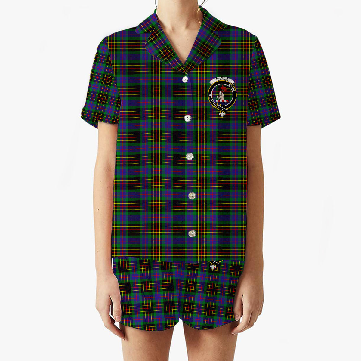 ScotsTee Shop Scottish Brodie Hunting Modern Crest Women's Short Sleeve Short Set Tartan Pyjama Set