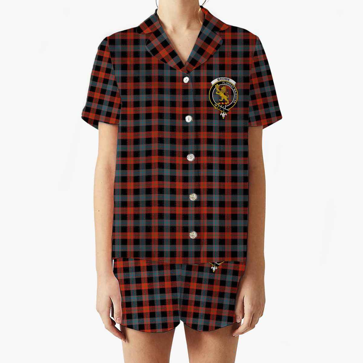 ScotsTee Shop Scottish Brown Ancient Crest Women's Short Sleeve Short Set Tartan Pyjama Set