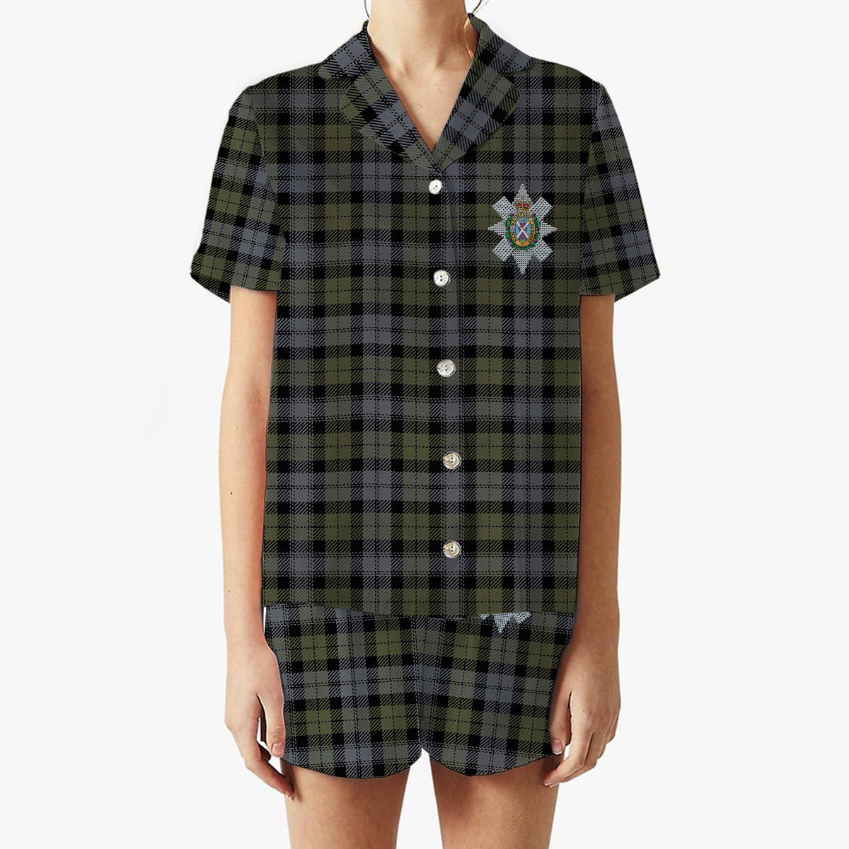ScotsTee Shop Scottish Black Watch Large Sett Ancient Crest Women's Short Sleeve Short Set Tartan Pyjama Set