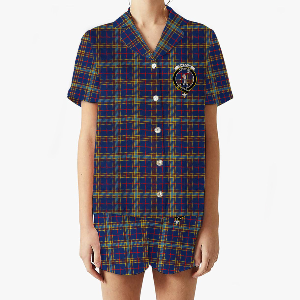 ScotsTee Shop Scottish Balfour Blue Modern Crest Women's Short Sleeve Short Set Tartan Pyjama Set