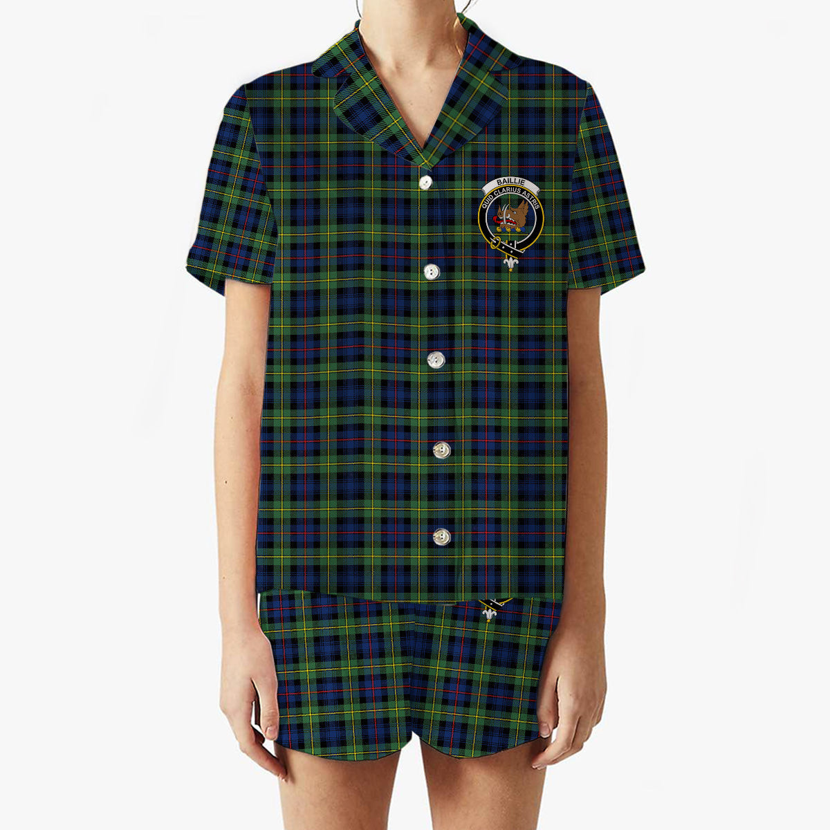 ScotsTee Shop Scottish Baillie Modern Crest Women's Short Sleeve Short Set Tartan Pyjama Set