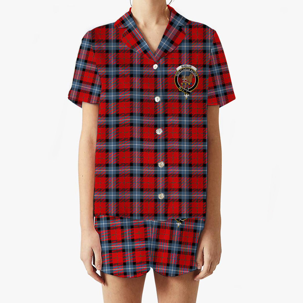 ScotsTee Shop Scottish Baillie of Polkemmet Red Modern Crest Women's Short Sleeve Short Set Tartan Pyjama Set