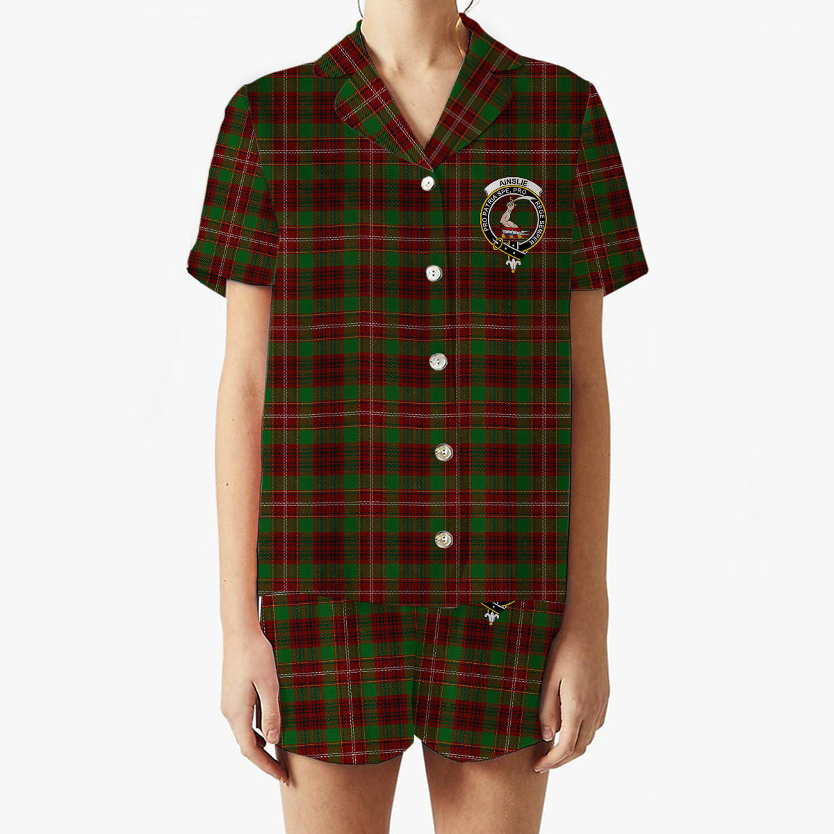 ScotsTee Shop Scottish Ainslie 2 Crest Women's Short Sleeve Short Set Tartan Pyjama Set