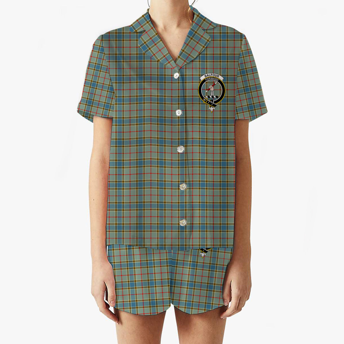 ScotsTee Shop Scottish Balfour Blue Crest Women's Short Sleeve Short Set Tartan Pyjama Set