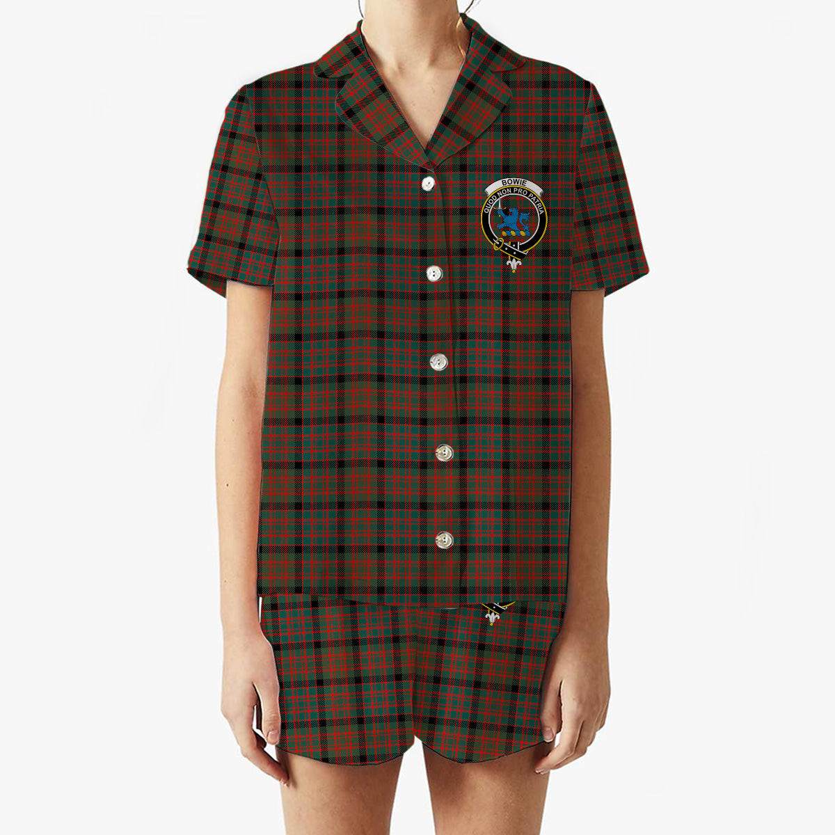ScotsTee Shop Scottish Bowie Black Modern Crest Women's Short Sleeve Short Set Tartan Pyjama Set