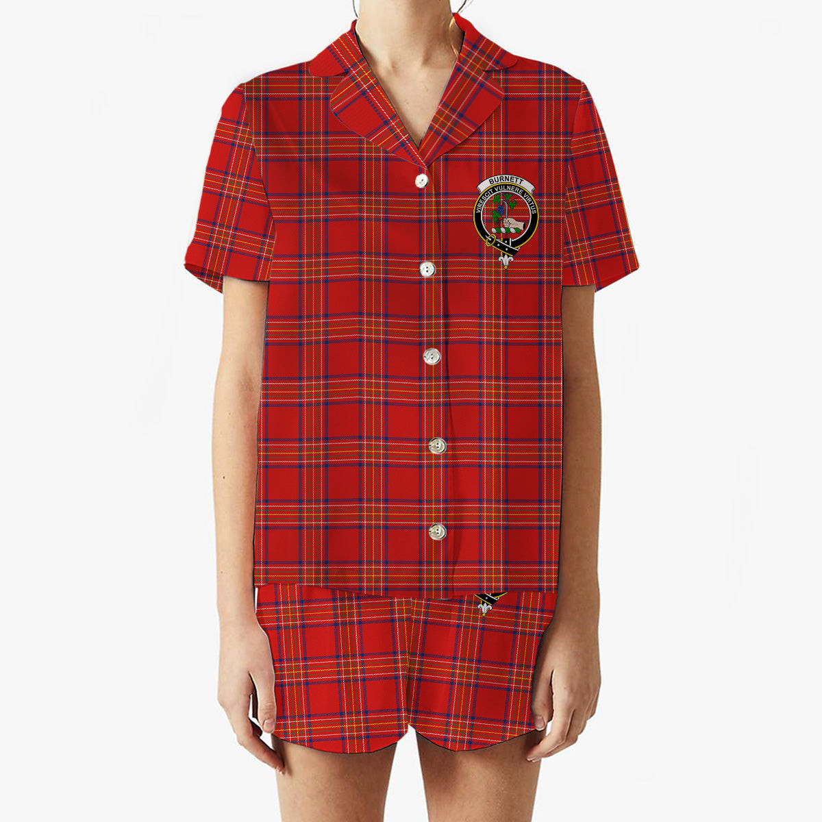 ScotsTee Shop Scottish Burnett of Leys Modern Crest Women's Short Sleeve Short Set Tartan Pyjama Set