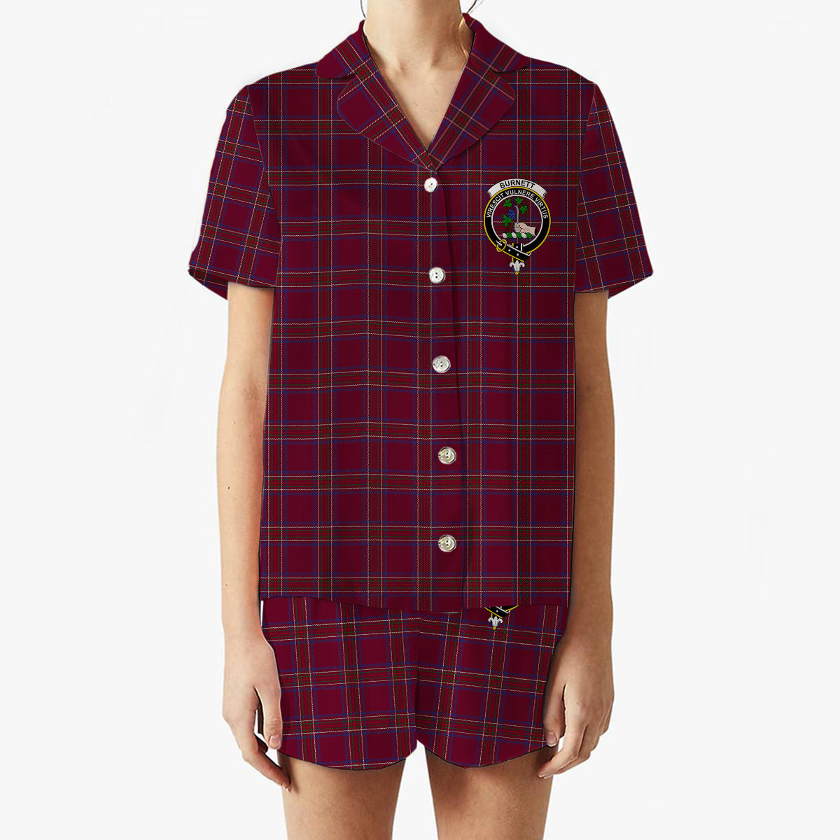ScotsTee Shop Scottish Burnett of Leys Hunting Crest Women's Short Sleeve Short Set Tartan Pyjama Set