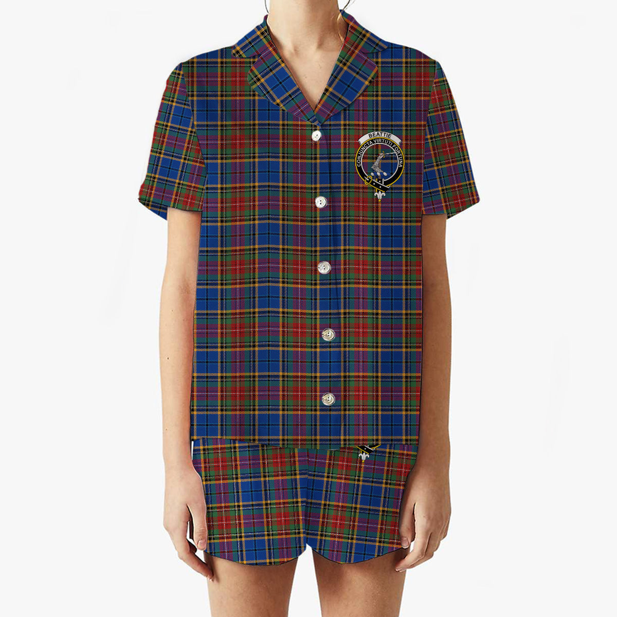 ScotsTee Shop Scottish Beattie (Beatty) Modern Crest Women's Short Sleeve Short Set Tartan Pyjama Set