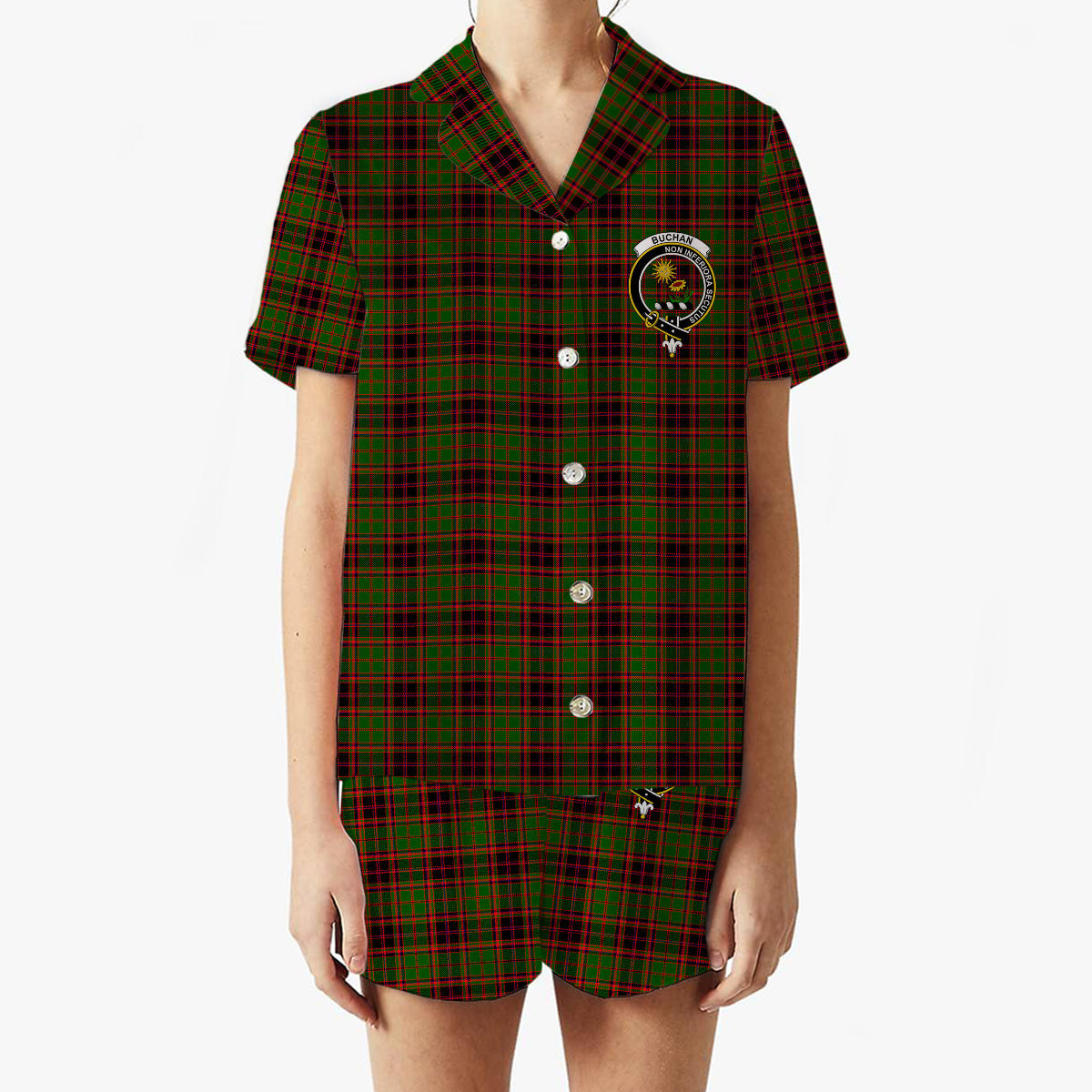 ScotsTee Shop Scottish Buchan Modern Crest Women's Short Sleeve Short Set Tartan Pyjama Set