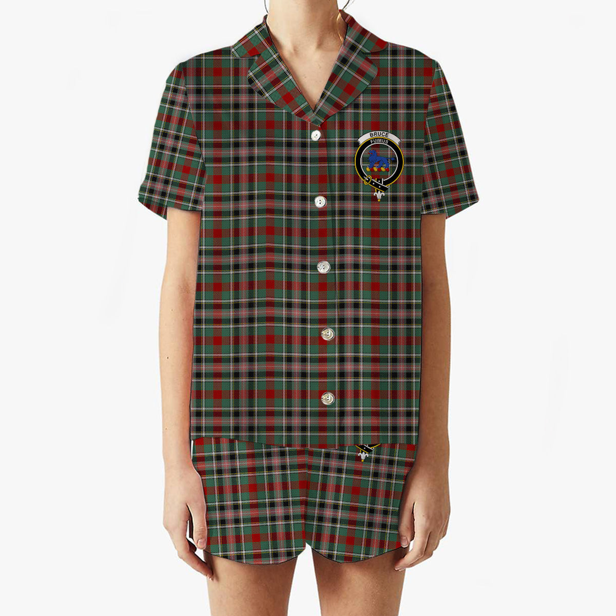 ScotsTee Shop Scottish Bruce of Kinnaird Crest Women's Short Sleeve Short Set Tartan Pyjama Set