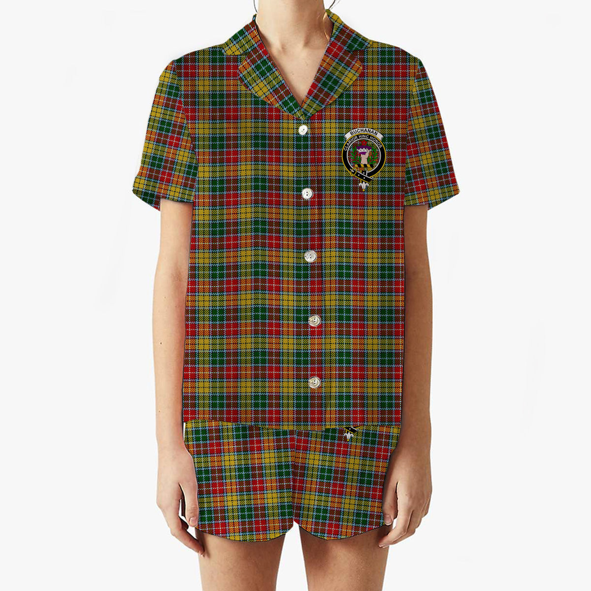 ScotsTee Shop Scottish Buchanan 1800 Crest Women's Short Sleeve Short Set Tartan Pyjama Set