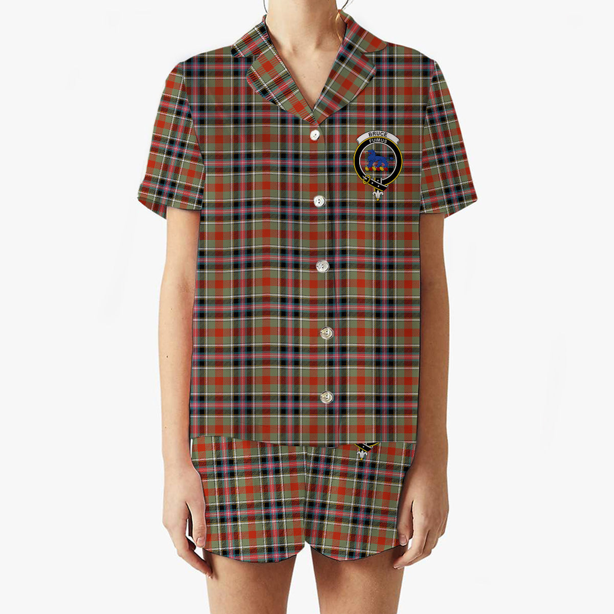ScotsTee Shop Scottish Bruce of Kinnaird Ancient Crest Women's Short Sleeve Short Set Tartan Pyjama Set