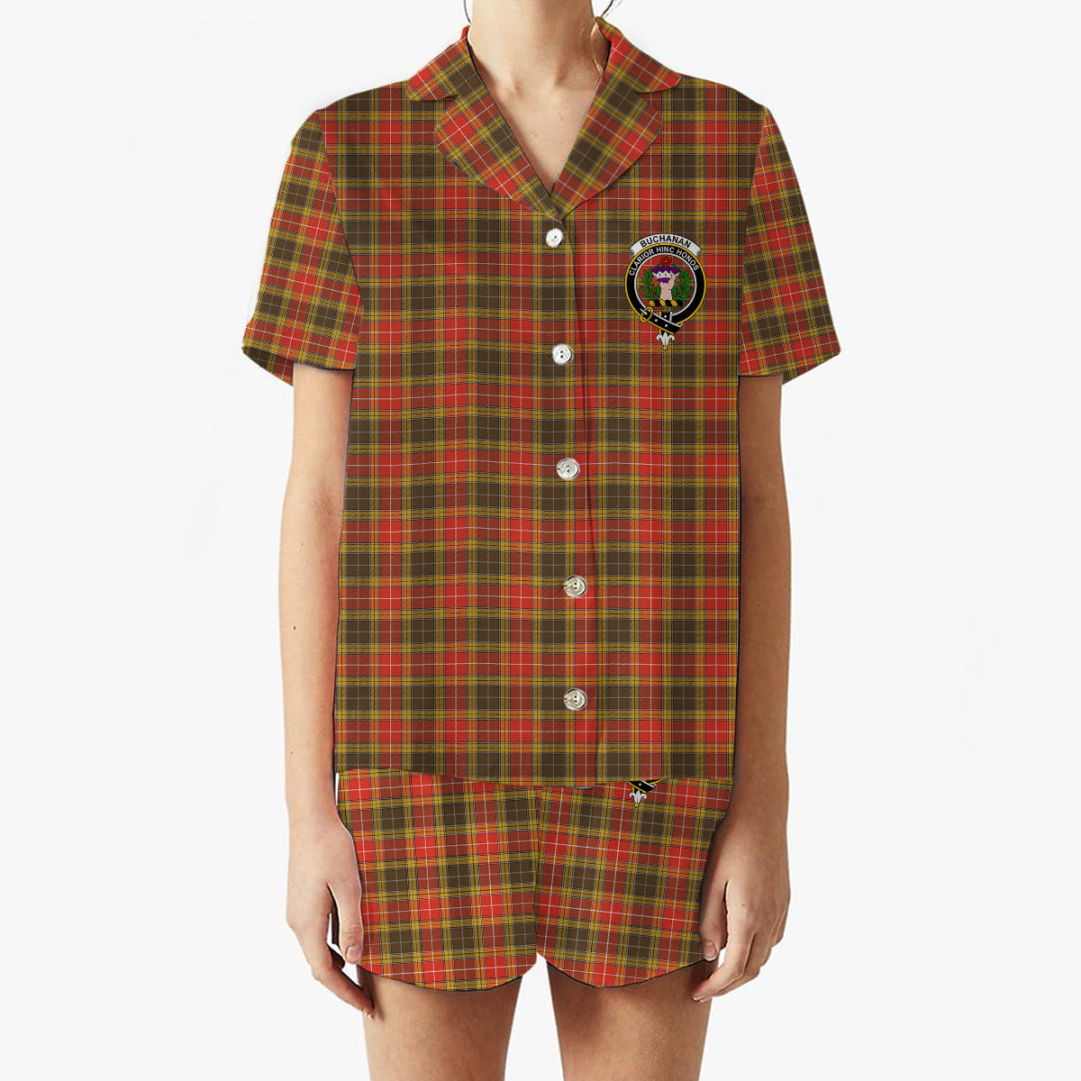 ScotsTee Shop Scottish Buchanan Old Set Weathered Crest Women's Short Sleeve Short Set Tartan Pyjama Set