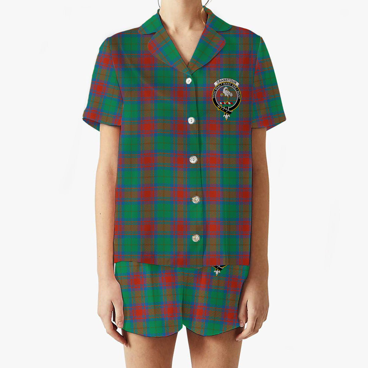 ScotsTee Shop Scottish Cranstoun Dress Ancient Crest Women's Short Sleeve Short Set Tartan Pyjama Set