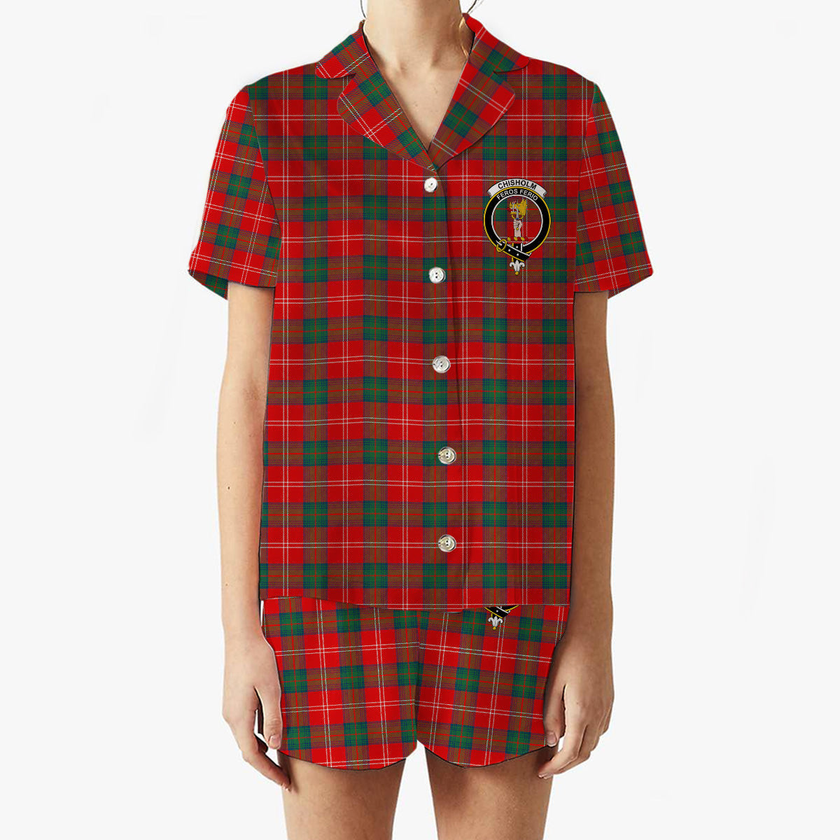 ScotsTee Shop Scottish Chisholm of Strathglass Modern Crest Women's Short Sleeve Short Set Tartan Pyjama Set