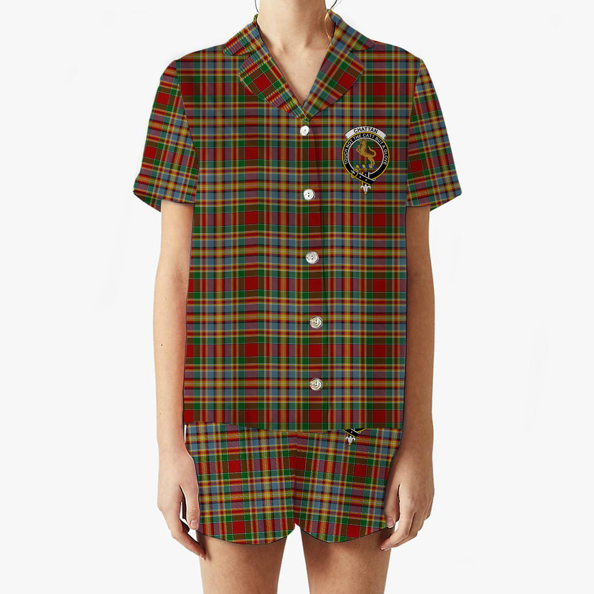ScotsTee Shop Scottish Chattan Chief of Clan Crest Women's Short Sleeve Short Set Tartan Pyjama Set