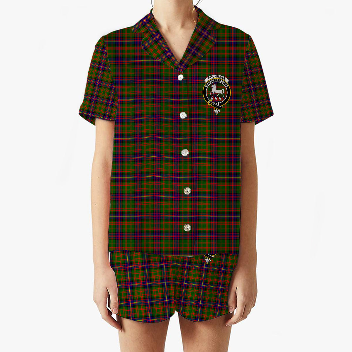 ScotsTee Shop Scottish Cochrane Modern Crest Women's Short Sleeve Short Set Tartan Pyjama Set