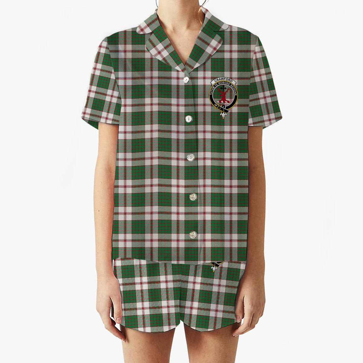 ScotsTee Shop Scottish Crawford Arisaid Dance Ancient Crest Women's Short Sleeve Short Set Tartan Pyjama Set