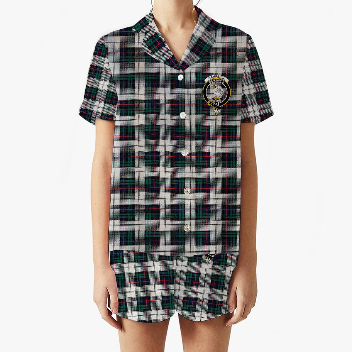 ScotsTee Shop Scottish Campbell of Cawdor Dress Modern Crest Women's Short Sleeve Short Set Tartan Pyjama Set