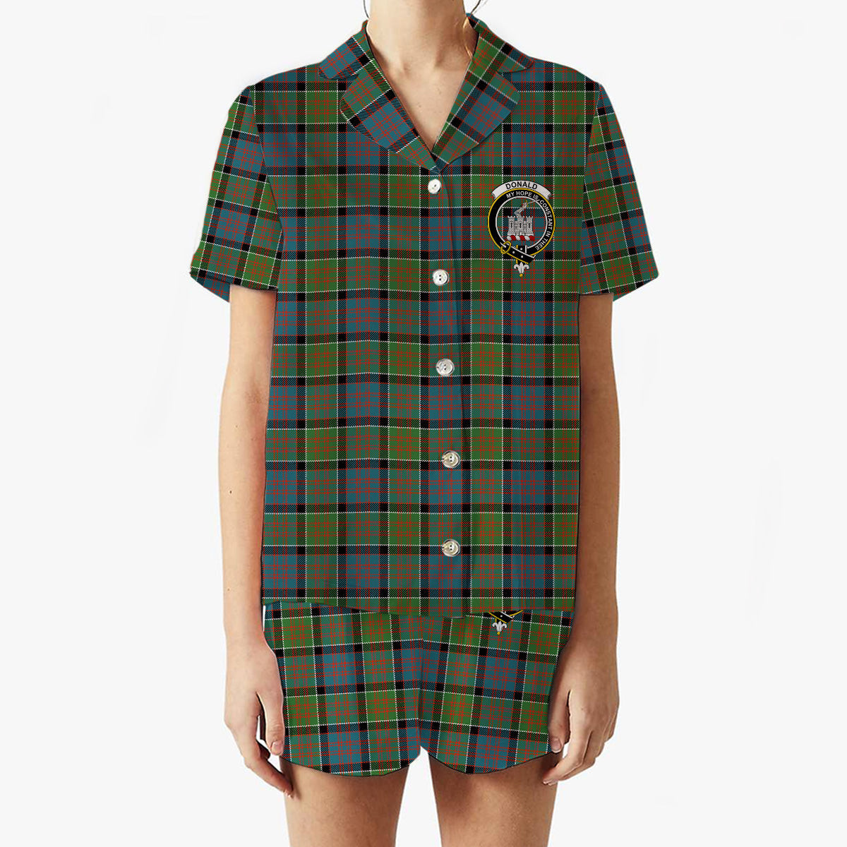 ScotsTee Shop Scottish Donald of Clan Ranald Ancient Crest Women's Short Sleeve Short Set Tartan Pyjama Set