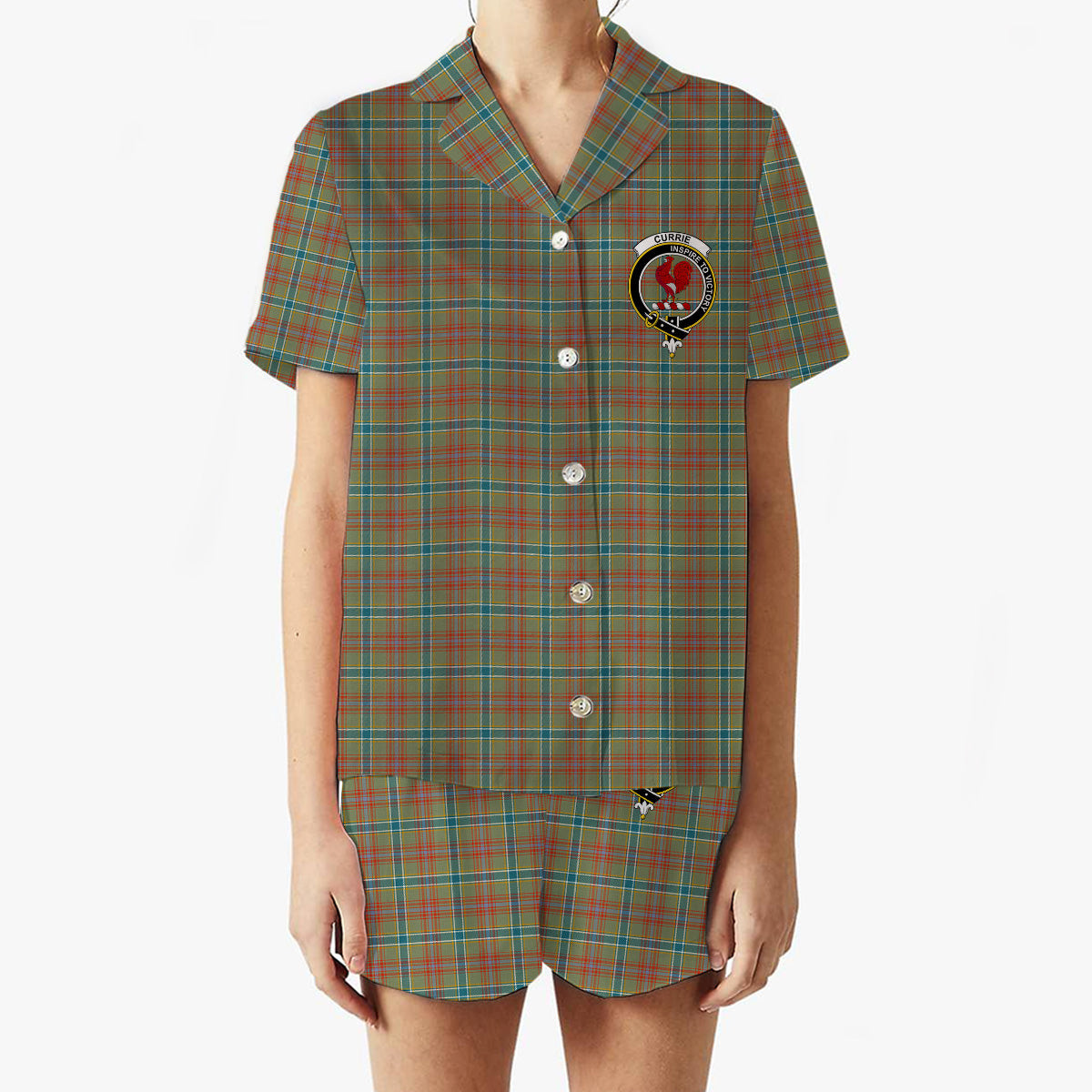ScotsTee Shop Scottish Currie of Arran Ancient Clan Crest Women's Short Sleeve Short Set Tartan Pyjama Set