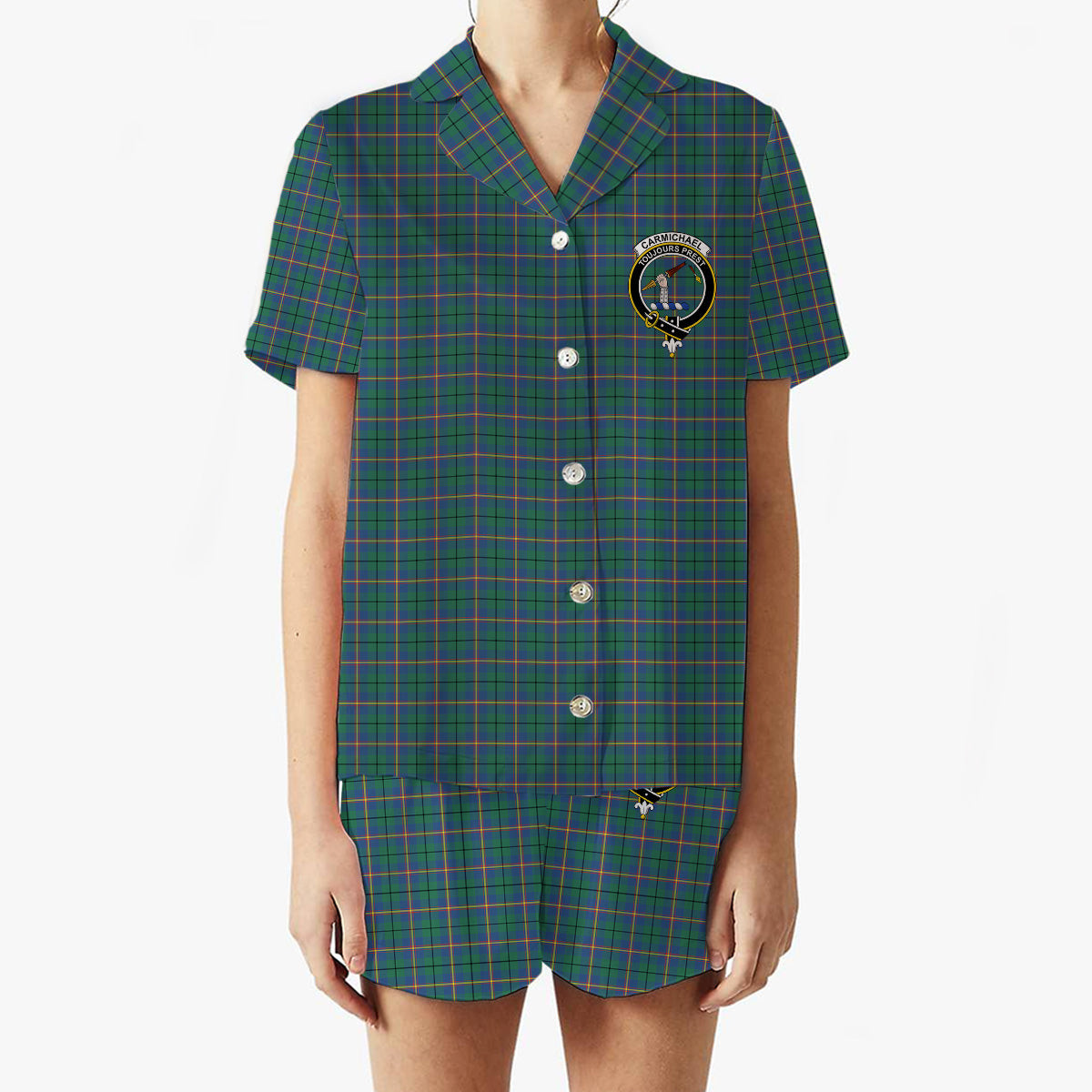 ScotsTee Shop Scottish Carmichael Ancient Crest Women's Short Sleeve Short Set Tartan Pyjama Set